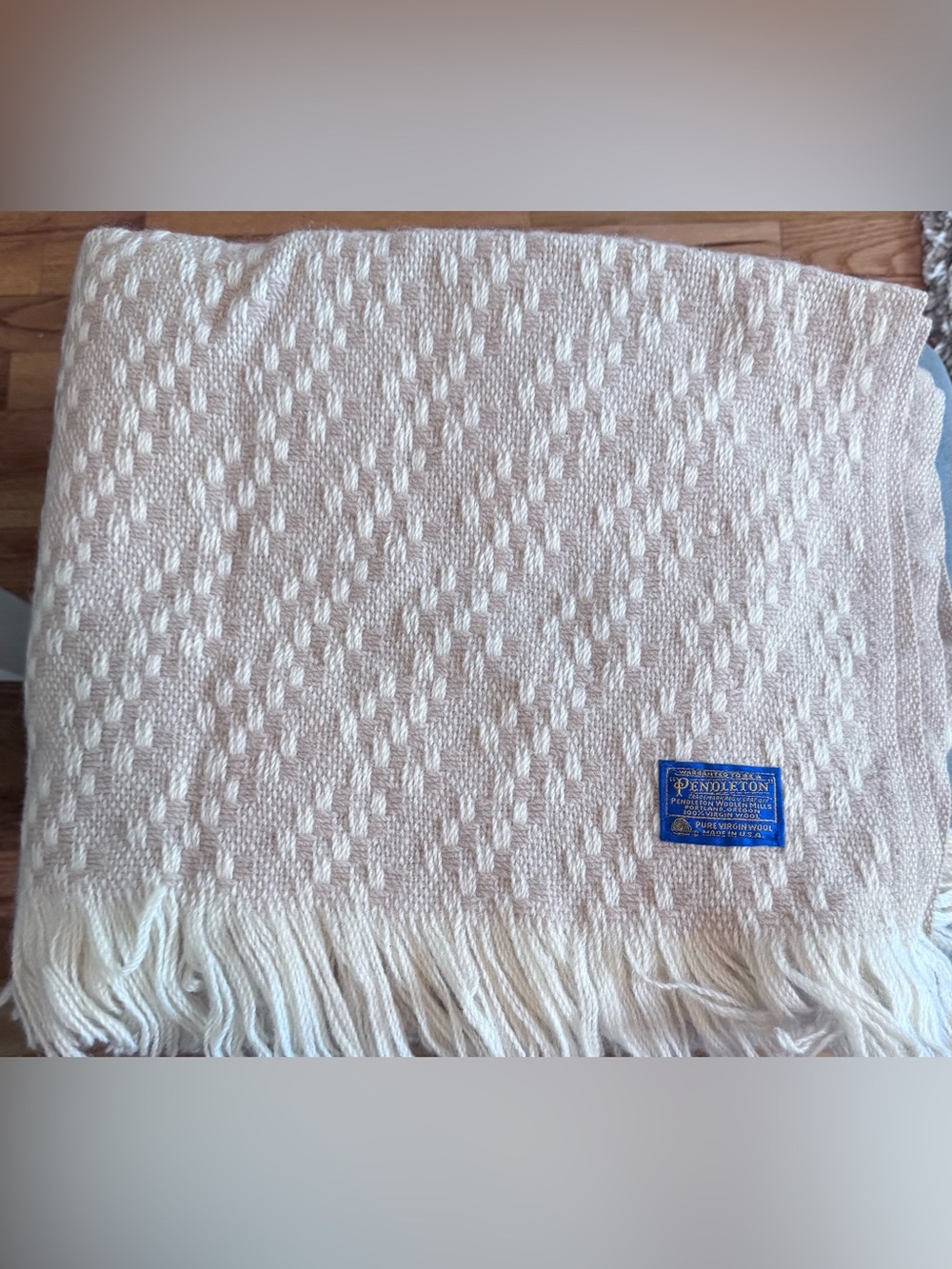 Vintage Pendleton Cream Textured 100% Virgin Wool Blanket with Fringe